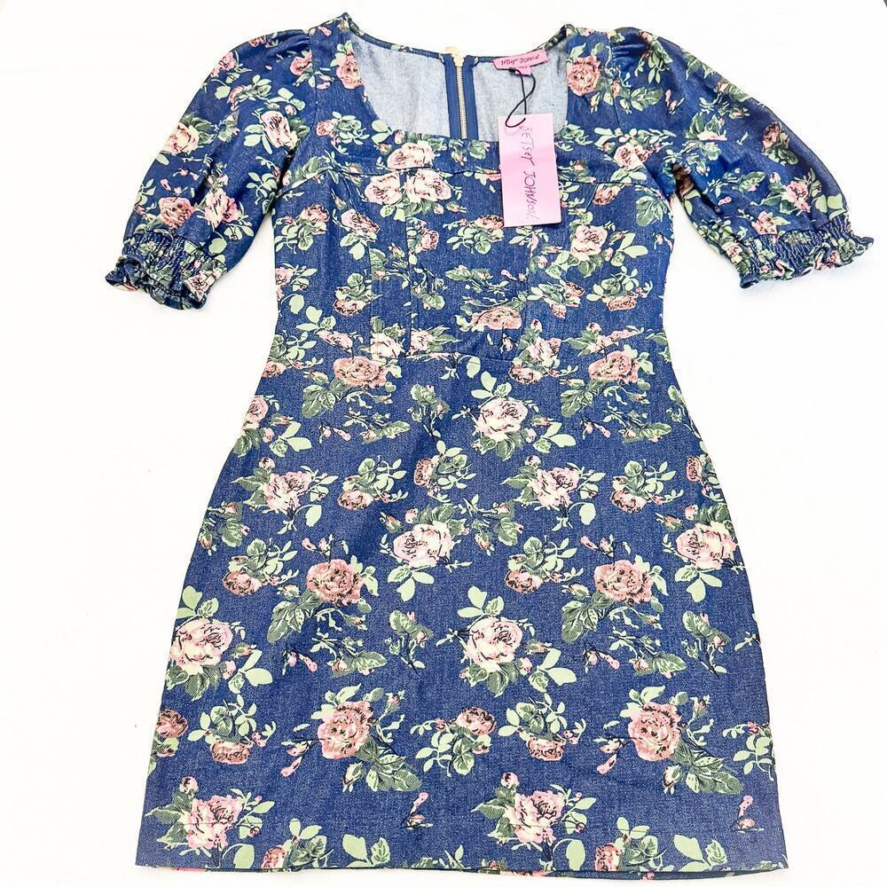 Betsey Johnson Medium Blue Flower Patterned Print Dress Size M NWT $109